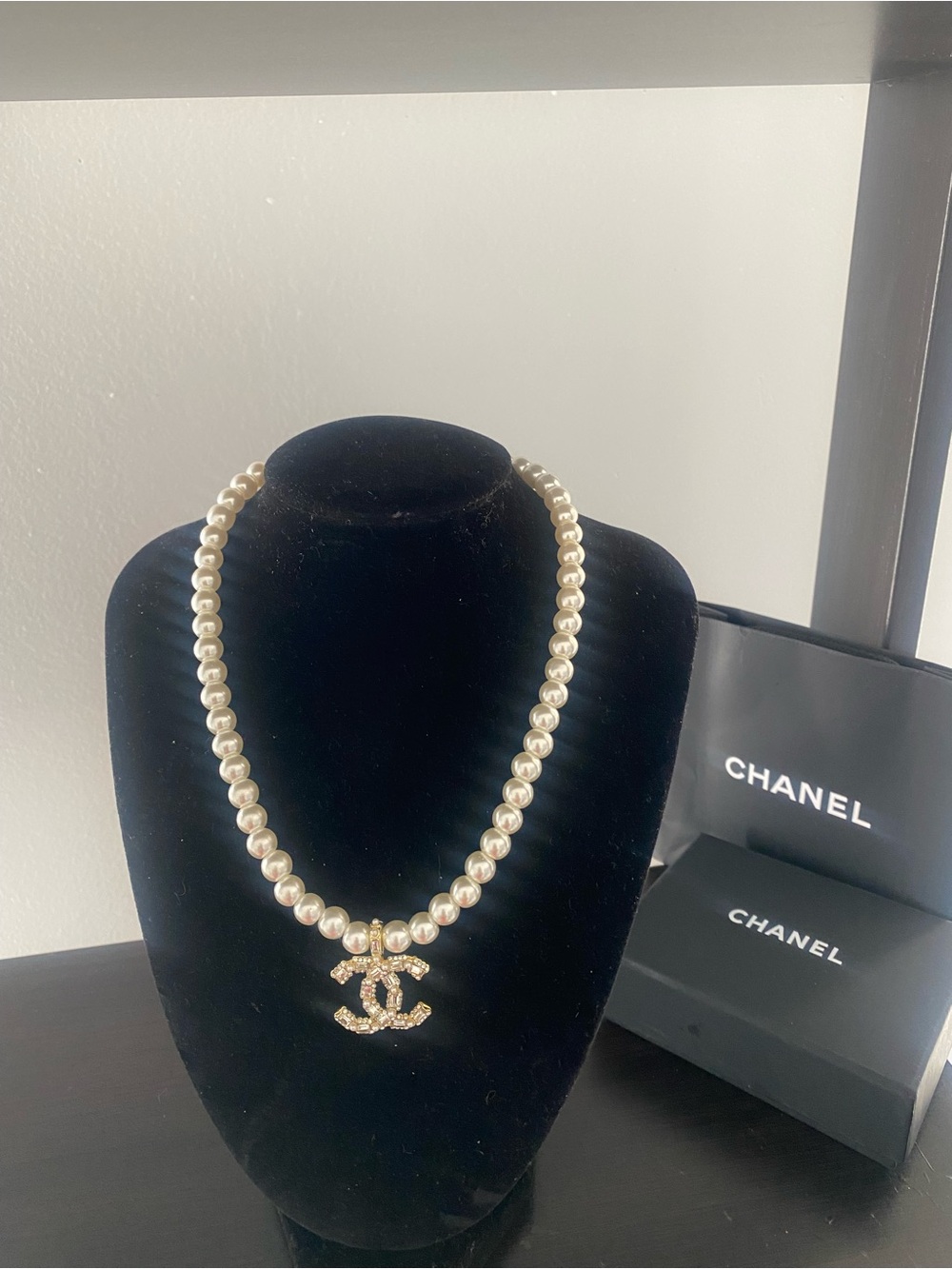 Pearl Necklace with Crystal CC Charm with Box and Bag